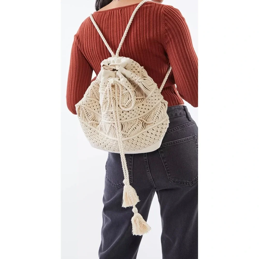 Urban Outfitters Macramé Canvas Beige‎ Ecru Drawstring Backpack Bag NWOT